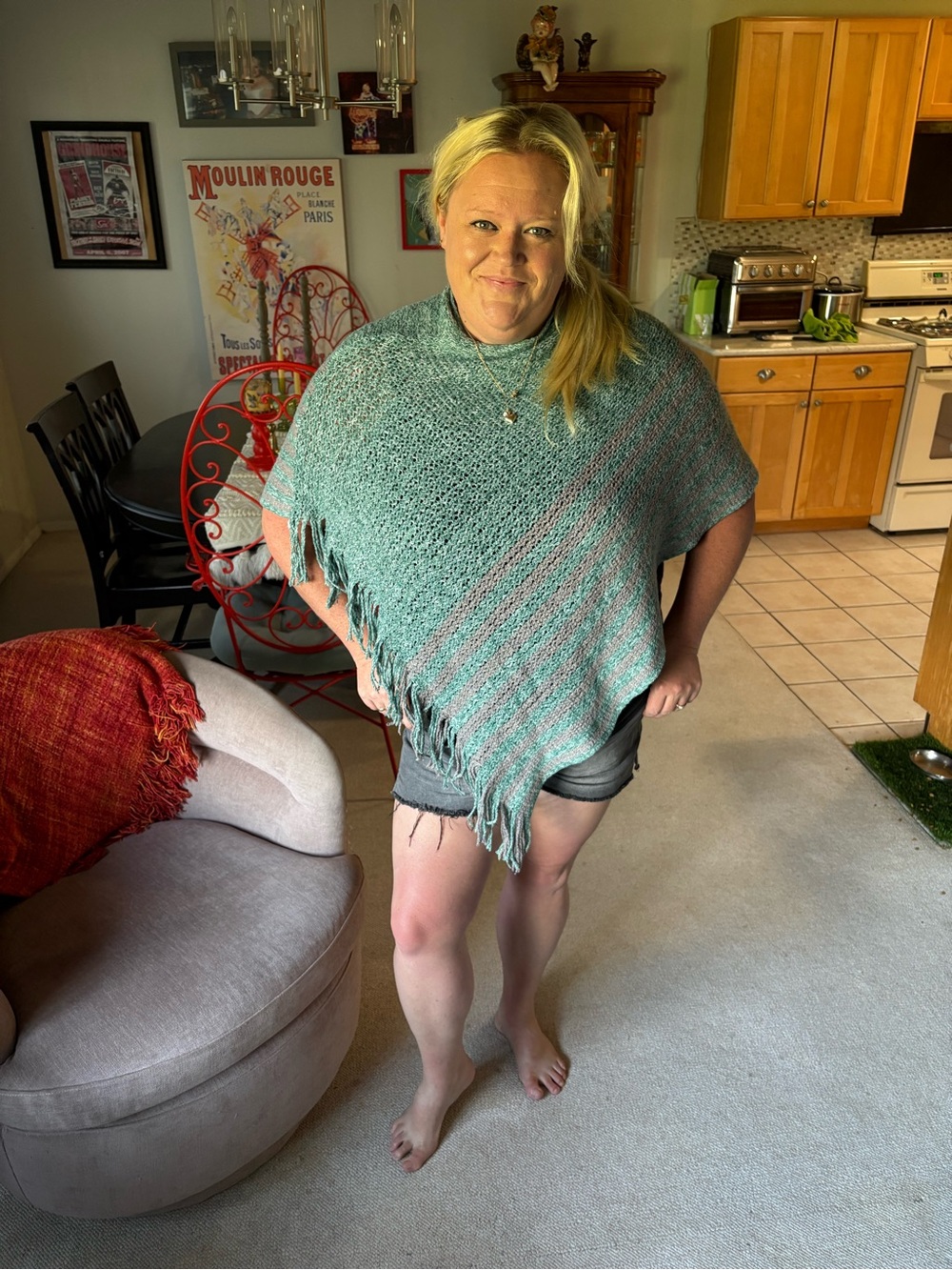 Light Teal Fringe Knit Poncho Sweater - Women's